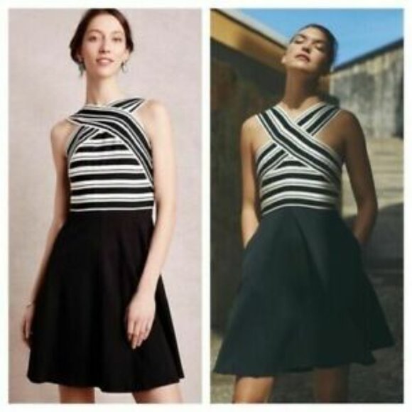Maeve Anthropologie Dress Black White Bandage Skater Fit and Flare Pockets sz 00 - Picture 10 of 10